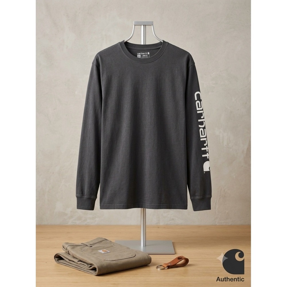 Carhartt Mens Loose Fit Heavyweight Long Sleeve Logo Graphic T-Shirt Gray Large